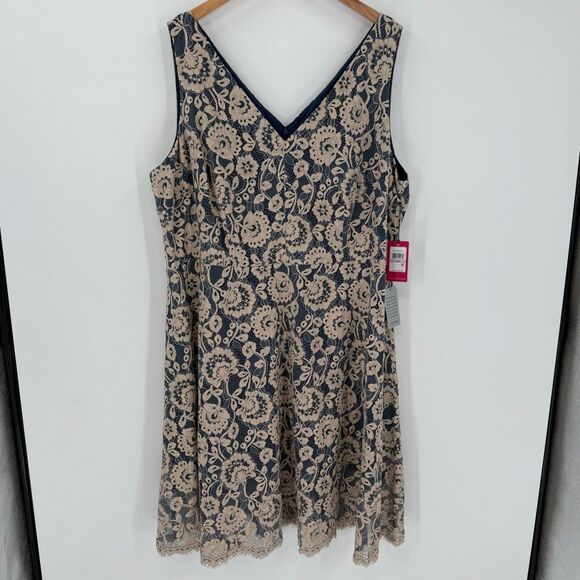 Vince Camuto Sleeveless Lace Overlay Fit & Flare Midi Dress Blue Beige Plus 22W - Picture 1 of 10